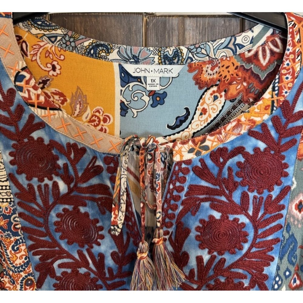 John Mark 1X Colorful Embroidered Tasseled 3/4 Sleeve Tunic Top NWOT - Picture 8 of 15